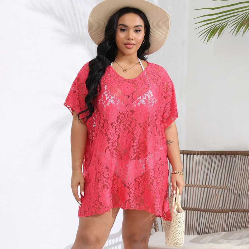 Lace open-front sheer cover-ups large-sized V-neck slit cover-ups beach-style bikini vacation cover-ups
