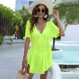 Perspective netted cover-ups fashionable multi-color deep V irregular cover-ups beach-style bikini vacation cover-ups