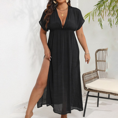 Women's long skirt beach cover-ups plus-size split deep V cover-ups backless waist-cinching dress cover-ups