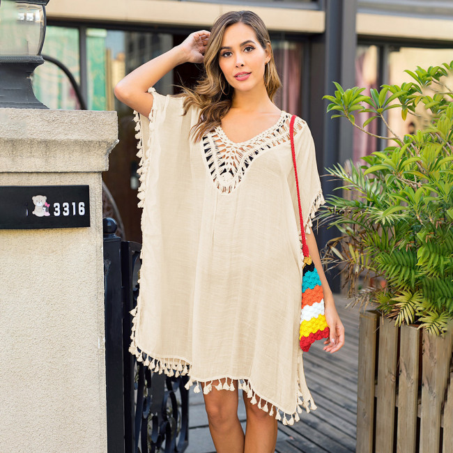 Hand-hooked stitched fringed cover-ups sexy backless loose-sleeved halter-necked beach  cover-ups