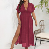Women's long skirt beach cover-ups plus-size split deep V cover-ups backless waist-cinching dress cover-ups