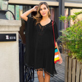 Hand-hooked stitched fringed cover-ups sexy backless loose-sleeved halter-necked beach  cover-ups