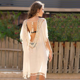 Hand-hooked stitched fringed cover-ups sexy backless loose-sleeved halter-necked beach  cover-ups