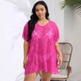 Big size sexy lace sheer cover-ups see-through V-neck slit cover-ups fashionable beach resort cover-ups