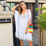 Hand-hooked stitched fringed cover-ups sexy backless loose-sleeved halter-necked beach  cover-ups