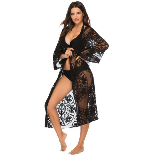Women's lace mesh bikini cover-ups fashionable outerwear cardigancover-ups beach vacation sun protection cardigan cover-ups