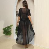 Sexy net mesh sun protection cover-ups waist-cinching drawstring irregular cover-ups beach bikini vacation cover-ups