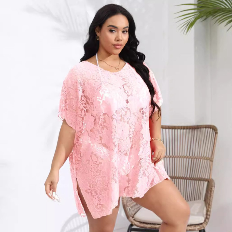 Big size sexy lace sheer cover-ups see-through V-neck slit cover-ups fashionable beach resort cover-ups