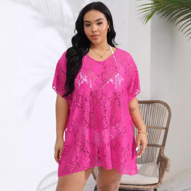 Big size sexy lace sheer cover-ups see-through V-neck slit cover-ups fashionable beach resort cover-ups