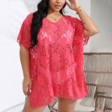 Big size sexy lace sheer cover-ups see-through V-neck slit cover-ups fashionable beach resort cover-ups