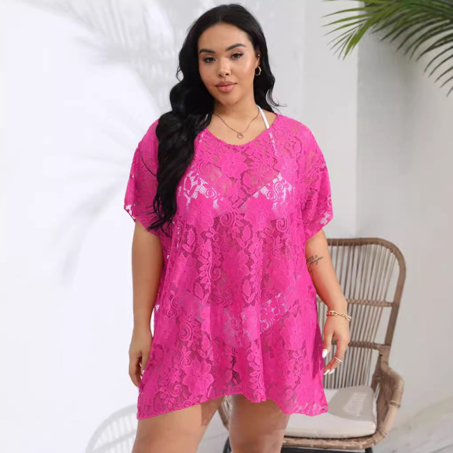 Big size sexy lace sheer cover-ups see-through V-neck slit cover-ups fashionable beach resort cover-ups
