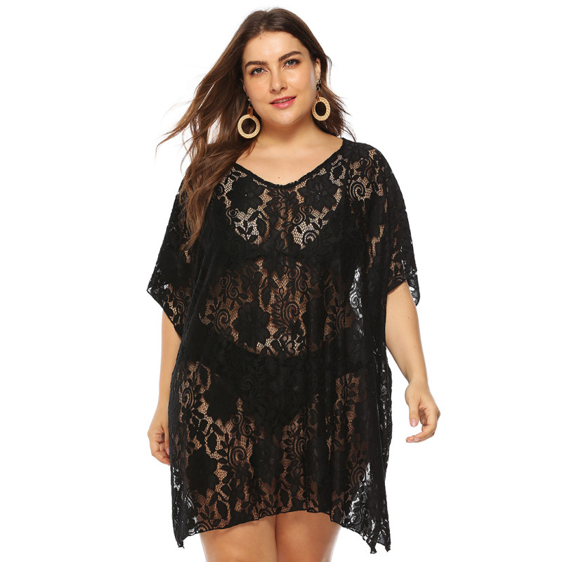 Big size sexy lace sheer cover-ups see-through V-neck slit cover-ups fashionable beach resort cover-ups