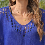 Openwork and patchwork loose turtleneck cover-ups fashionable multi-color V-neck cover-ups beach vacation turtleneck cover-ups