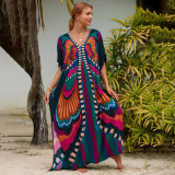 Big size V-neck patterned turtleneck cover-ups multi-color loose mid-layer knitted cover-ups fashionable beach vacation cover-ups