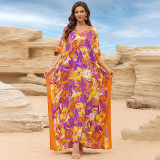 Big size V-neck patterned turtleneck cover-ups multi-color loose mid-layer knitted cover-ups fashionable beach vacation cover-ups