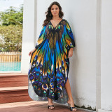 Big size V-neck patterned turtleneck cover-ups multi-color loose mid-layer knitted cover-ups fashionable beach vacation cover-ups