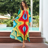 Big size V-neck patterned turtleneck cover-ups multi-color loose mid-layer knitted cover-ups fashionable beach vacation cover-ups