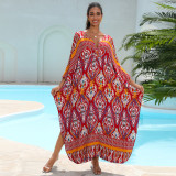 Big size V-neck patterned turtleneck cover-ups multi-color loose mid-layer knitted cover-ups fashionable beach vacation cover-ups