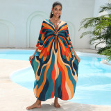 Big size V-neck patterned turtleneck cover-ups multi-color loose mid-layer knitted cover-ups fashionable beach vacation cover-ups
