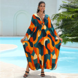 Big size V-neck patterned turtleneck cover-ups multi-color loose mid-layer knitted cover-ups fashionable beach vacation cover-ups