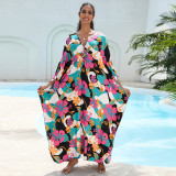 Big size V-neck patterned turtleneck cover-ups multi-color loose mid-layer knitted cover-ups fashionable beach vacation cover-ups