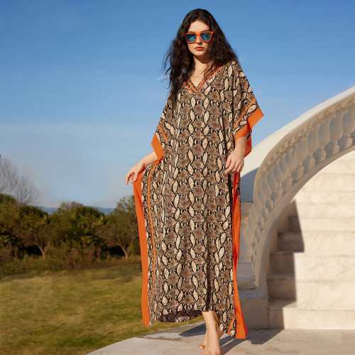 Big size V-neck patterned turtleneck cover-ups multi-color loose mid-layer knitted cover-ups fashionable beach vacation cover-ups