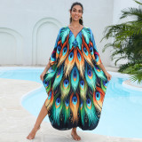 Big size V-neck patterned turtleneck cover-ups multi-color loose mid-layer knitted cover-ups fashionable beach vacation cover-ups