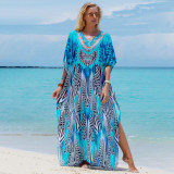 Big size beach print cover-ups multi-color long robe sun protection cover-ups seaside vacation long cover-ups