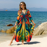 Big size beach print cover-ups center-pleated positioning cover-ups seaside vacation long cover-ups