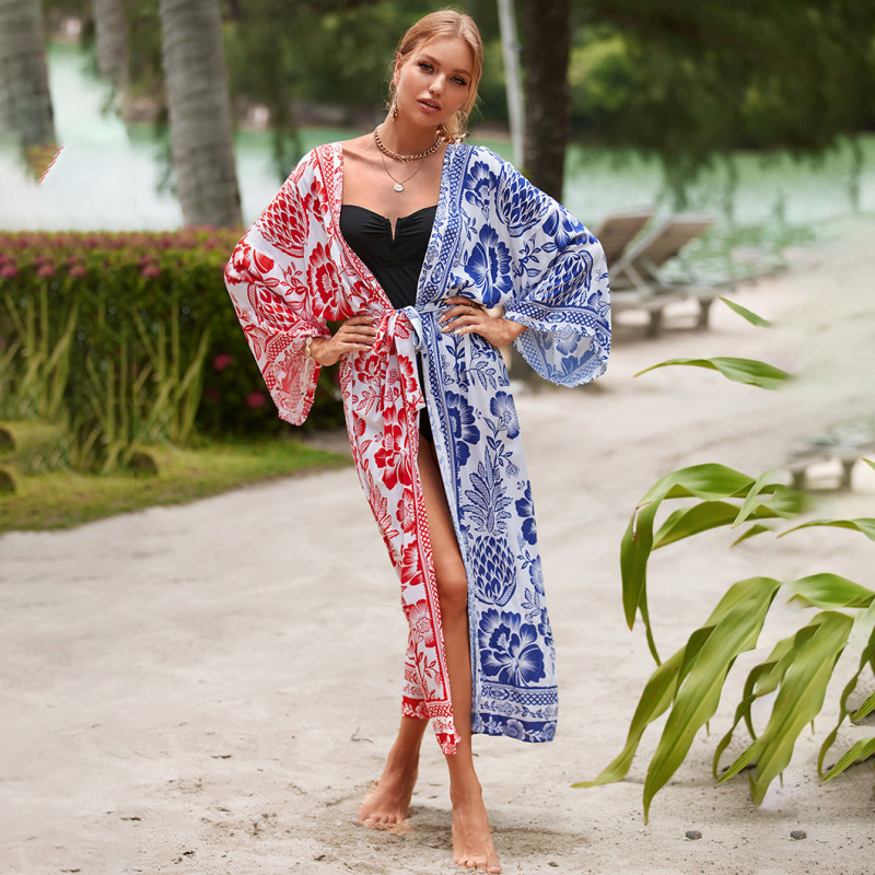 Big size beach print turtleneck cover-ups multi-color long robe cover-ups seaside vacation long cover-ups