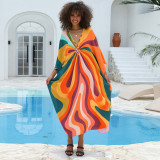 Big size beach print cover-ups multi-color long robe-style cover-ups seaside vacation long cover-ups
