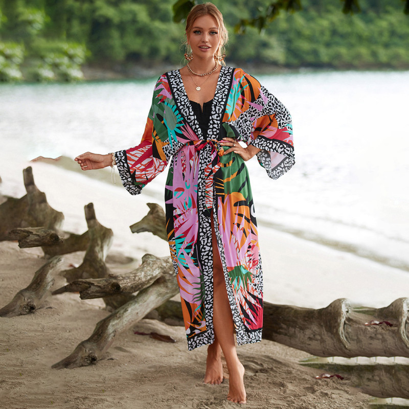 Big size beach print turtleneck cover-ups multi-color long robe cover-ups seaside vacation long cover-ups
