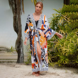 Big size beach print turtleneck cover-ups multi-color long robe cover-ups seaside vacation long cover-ups