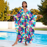 Big size beach print cover-ups multi-color long robe-style cover-ups seaside vacation long cover-ups