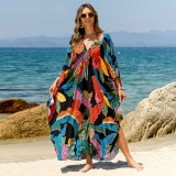 Big size beach print cover-ups center-pleated positioning cover-ups seaside vacation long cover-ups