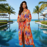 Big size beach print turtleneck cover-ups multi-color long robe cover-ups seaside vacation long cover-ups