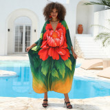 Big size beach print cover-ups multi-color long robe-style cover-ups seaside vacation long cover-ups