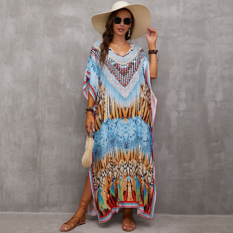 Fashionable beach and seaside turtleneck cover-ups cotton-polyester tailored printed turtleneck cover-ups vacation robe dress turtleneck cover-ups