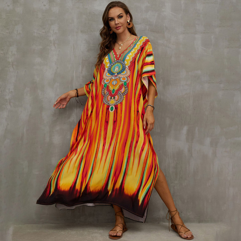 Fashionable beach and seaside turtleneck cover-ups cotton-polyester tailored printed turtleneck cover-ups vacation robe dress turtleneck cover-ups