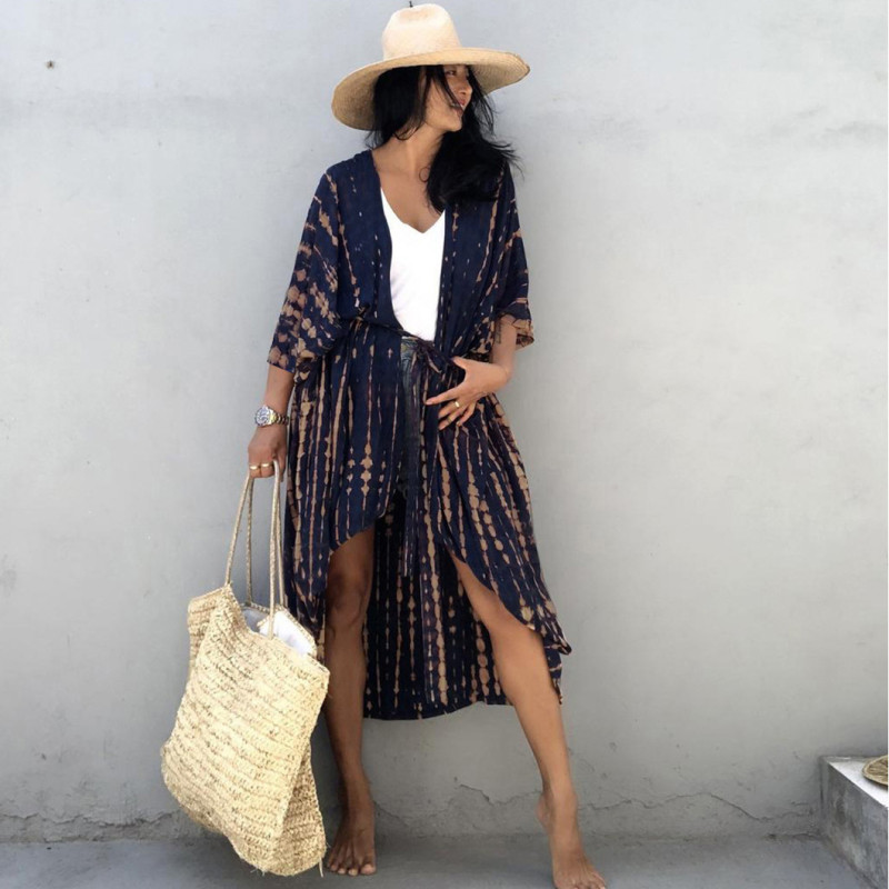 Fashionable beach and seaside turtleneck cover-ups cotton-polyester tailored printed turtleneck cover-ups vacation robe dress turtleneck cover-ups