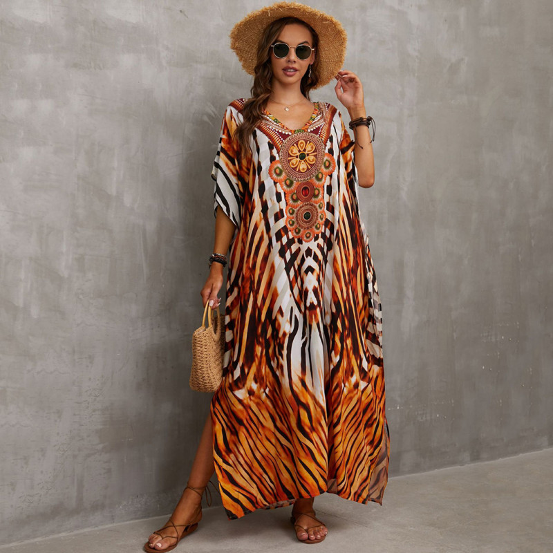 Fashionable beach and seaside turtleneck cover-ups cotton-polyester tailored printed turtleneck cover-ups vacation robe dress turtleneck cover-ups