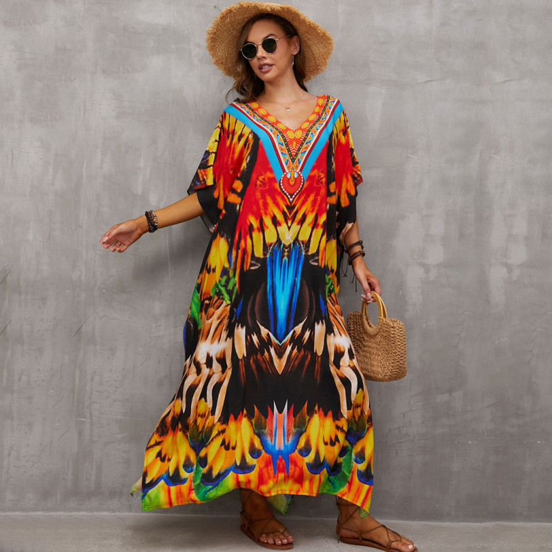 Fashionable beach and seaside turtleneck cover-ups cotton-polyester tailored printed turtleneck cover-ups vacation robe dress turtleneck cover-ups