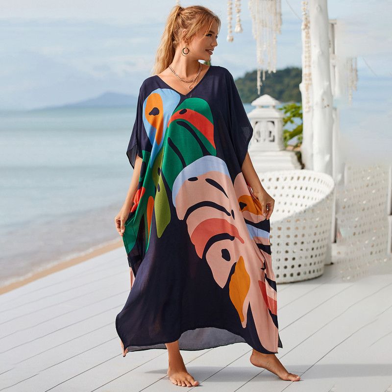 Fashionable beach and seaside turtleneck cover-ups cotton-polyester tailored printed turtleneck cover-ups vacation robe dress turtleneck cover-ups