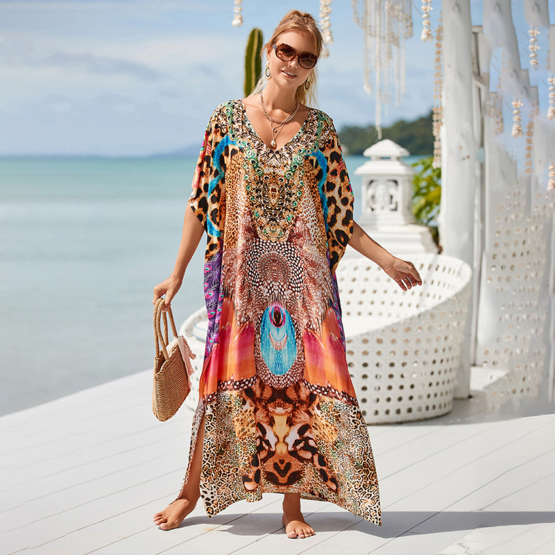 Fashionable beach and seaside turtleneck cover-ups cotton-polyester tailored printed turtleneck cover-ups vacation robe dress turtleneck cover-ups