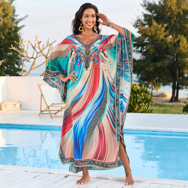 Large size printed beach cover-ups mid-layer woven vacation cover-ups multi-color seaside robe cover-ups