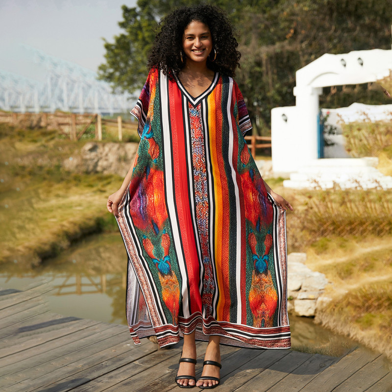 Fashionable loose-fitting beach cover-ups positioning print cover-ups long-style seaside vacation cover-ups