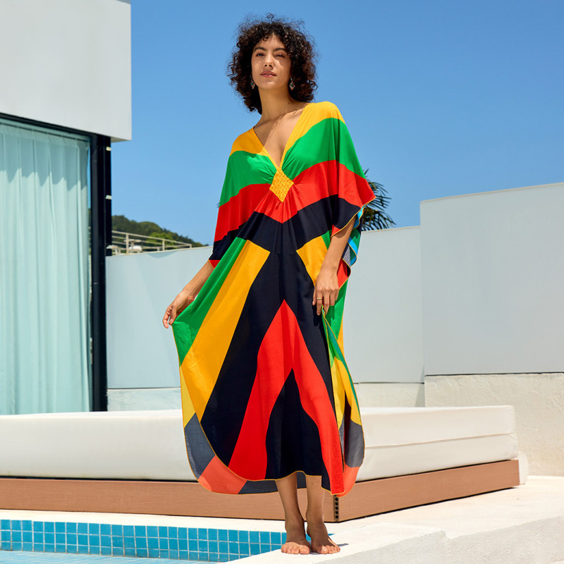 Fashionable loose-fitting beach cover-ups multi-color printed beach cover-ups vacation robe-style dress cover-ups