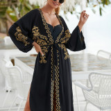 Fashionable loose beach cover-ups embroidered sun-protective cardigan cover-ups long-style seaside vacation cover-ups