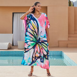Fashionable loose-fitting beach cover-ups positioning print cover-ups long-style seaside vacation cover-ups