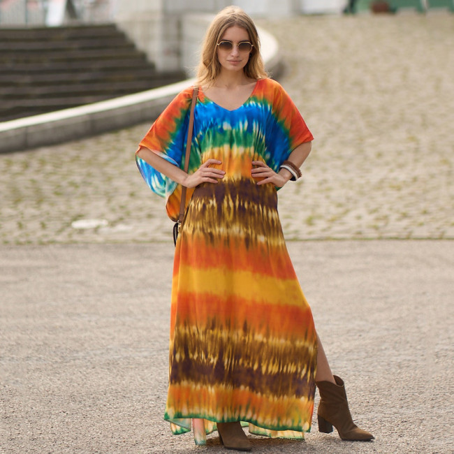 Fashionable loose-fitting beach cover-ups multi-color printed beach cover-ups vacation robe-style dress cover-ups